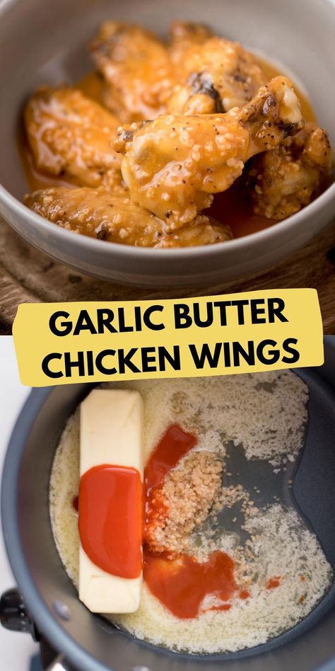 These easy to make, crispy garlic butter chicken wings are generously coated in a melted butter garlic sauce that's packed with flavor. They are great for a busy weeknight dinner or as an appetizer for your favorite party! Butter Garlic Wing Sauce, Garlic Sauce For Chicken Wings, Butter Garlic Wings, Oven Chicken Wings Crispy, Butter Chicken Wings Recipe, Garlic Wing Sauce, Garlic Butter Chicken Wings, Wings Oven Baked, Butter Chicken Wings