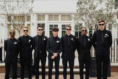 All Black Groomsmen Attire, All Black Groomsmen, Black Groomsmen Attire, Groom In All Black, Groomsmen Outfit Ideas, Shift Wedding Dress, Black Groomsmen, Bridesmaids In White, White Tuxedo Wedding