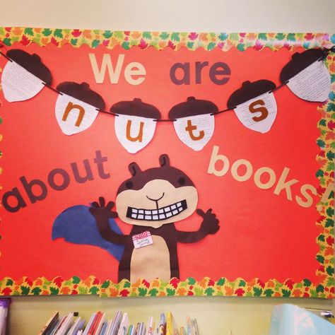 November Library Bulletin Board Scaredy Squirrel - we are nuts about books! 2014 May Library Bulletin Board Ideas, Squirrel Classroom Theme, Kindness Display, School Visuals, Library Windows, Library Window, Scaredy Squirrel, Book Bulletin Board, School Library Bulletin Boards