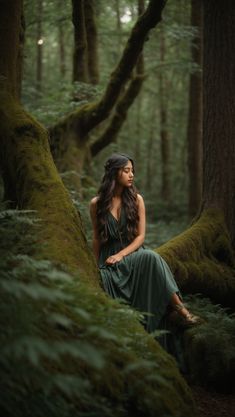 Green Dress Forest Photoshoot, Long Dress Forest Photoshoot, Fantasy Photography Forest, Portraits In Forest, Photoshoot With Green Background, Muir Woods Photoshoot, Photo Shoot Ideas Nature, Green Dress Photoshoot Ideas, Magical Forest Photoshoot