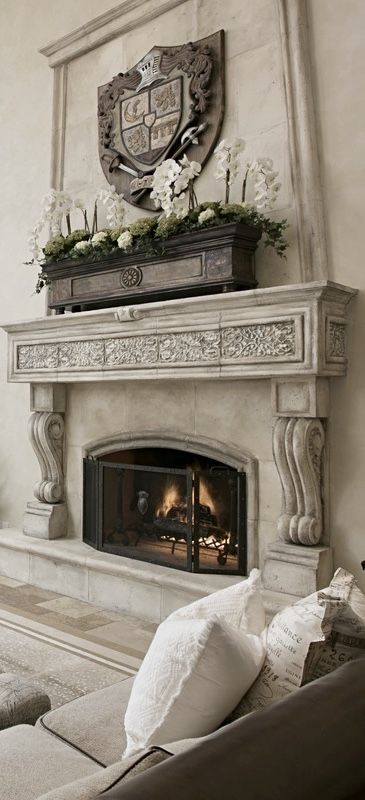 Grand Old World Fireplace Fireplace Italian Style, Old World Fireplaces French Country, Old World Castle Decor, Old World Fireplace Ideas, Mediterranean Fireplace, Old World Decorating, Tuscan Home Decorating, Italian Fireplace, Spanish Living Room