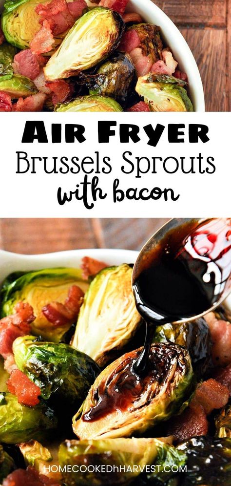 Air Fryer Brussels Sprouts with Bacon are a favorite veggie in this house. Brussels sprouts and bacon are cooked to perfection in the then drizzled with balsamic glaze. Air Fryer Brussel Sprouts, Brussels Sprouts And Bacon, Air Fryer Brussels Sprouts, Sprouts And Bacon, Brussel Sprouts With Bacon, Air Fryer Veggies, Air Fryer Vegetables, Brussels Sprouts With Bacon, Bacon Brussel Sprouts