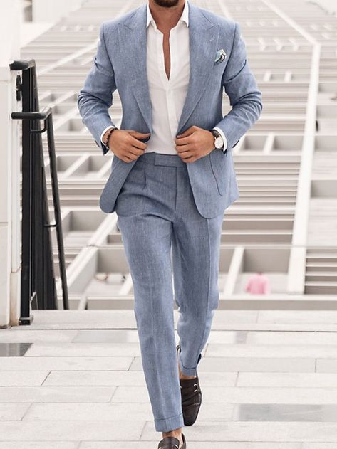 Blue Men's Wedding Linen Suits Summer Beach Wedding Suits 2 Piece Solid Colored Tailored Fit Single Breasted Two-buttons 2024 2024 - $93.99 Wedding Guest Suits, Suit For Men Wedding, Linen Suits For Men, Beach Wedding Suits, Summer Wedding Attire, Beach Wedding Attire, Mens Wedding Attire, Groom Wedding Attire, Blue Suit Men