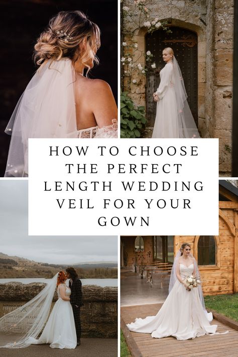 a link to a blog showing how to choose the perfect length wedding veil for your wedding gown. featuring short veils, long veils, chapel length veils and floral veils. How To Choose Wedding Veil, What Kind Of Veil Wedding Dresses, Big Veil Wedding Dress, Trumpet Wedding Dress With Veil, Wedding With Veil Hairstyles, Veil With Silk Wedding Dress, Veils With Satin Wedding Dress, Long Wedding Veil Aesthetic, Veil Lengths Chart