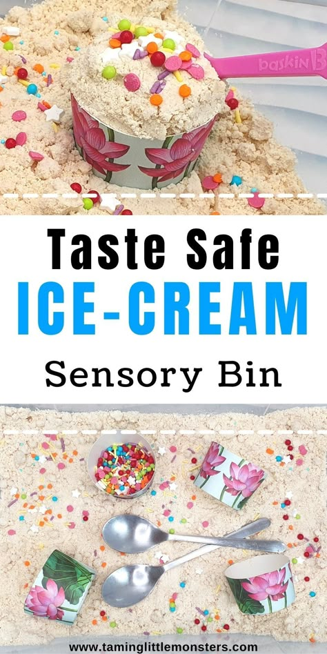 Ice Cream Sensory Bin. A taste safe sensory activity, suitable for babies, toddlers and preschoolers. Perfect for summer or beach themes. Simple Sensory Bin Ideas, Preschool Summer Sensory Bin, Infant Ice Cream Activities, Ice Cream Sensory Bin For Toddlers, Dessert Sensory Bin, I’ve Cream Sensory Bin, Edible Beach Sensory Bin, Sponge Sensory Bin, Summer Sensory Table Ideas For Preschool