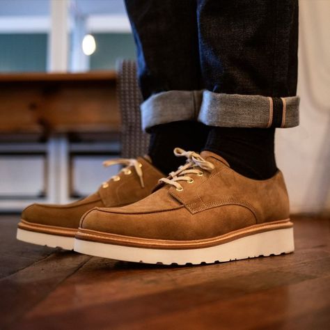 Suede Oxfords With Brogue Detailing, Casual Suede Goodyear Welted Oxfords, Rugged Abrasion-resistant Boots, Goodyear Welted Suede Slip-on Oxfords, Semi-formal Suede Oxfords With Moc Toe, Grenson Shoes, Chukka Boots, Honey, Lifestyle