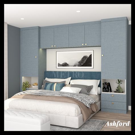 Add style and functionality to the unused space above the bed Bed With Two Side Wardrobe, Bedroom With Wardrobe On Both Sides, Bed Side Wardrobes, Bed And Wardrobe On Same Wall, Bed With Cupboards Either Side, Bed Attached Dressing Table, Bedroom Wardrobe With Bed, Bed Side Storage Ideas, Wardrobe Design Over Bed