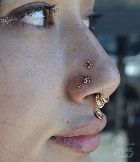 marina on Instagram: "I’ve been doing a lot of second sets of nostrils lately but im always extra excited when i get to add a third set. Fresh pair of lower nostrils with 3 bead clusters from @bodygems Thanks @sanguis.hostium for trusting me with these. They look amazing on you. . . #nostrils #nostrilpiercing #highnostrils #pairednostrils #tripplenostrils #tripplenostrilpiercings #appmember #safeliercing #industrialberkeley #industrialberkeleymarina @bvla @regalia @bvlalove @industrialberkele Piercing Face Ideas, Stacked Nose Piercing, Face Piercings Ideas, Double Nose Piercing Different Sides, Piercing Inspo Face, Piercing Setup, Double Nose Piercing, Piercing Inspo, Face Piercings