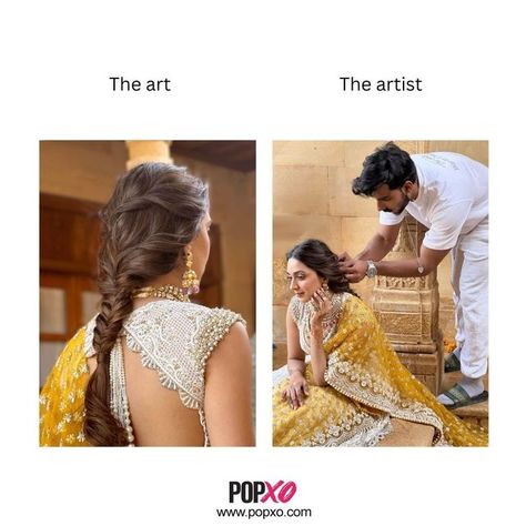 #POPxoBeauty on Instagram: "Still obsessed 💛⁣ .⁣ It's been a month but I and in fact, nobody is over @sidmalhotra and @kiaraaliaadvani's wedding yet. And, especially not over #Kiara's #hairdos. And look at this beautiful braid! Thank you, @amitthakur_hair for this gorgeous 'do!⁣ .⁣ - Naina Sharma (@nainaaa.sharma), Social Media Manager, POPxo⁣ .⁣ Tag a #KiaraAdvani fan STAT!⁣ .⁣ #POPxoBeautyMemes #beautymemes #KiaraAdvani #KiaraAdvaniMemes" Kiara Advani Wedding Hairstyle, Simple Bridal Hairstyle, Actress Hairstyles, Prom Updos, Effortless Hairstyles, Beautiful Braids, Hair Up Styles, Kiara Advani, Hairdo For Long Hair