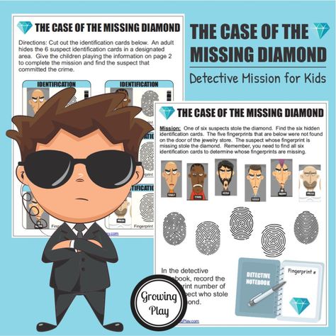 Are you looking for an activity to entertain your "spy kids"? The Case of the Missing Diamond is a FREE printable game that you can print and start playing right away. Combine imagination with physical activity and visual perceptual skills on this detective fingerprint mission. Mystery Games For Kids, Junior Detective, Spy Games For Kids, Detective Party, Escape Room For Kids, Detective Game, Spy Party, Free Games For Kids, Kid Detectives