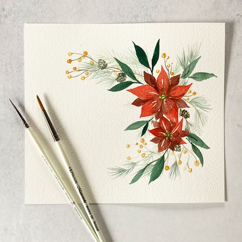 Christmas Watercolor Florals, Poinsettia Flower Watercolor, Christmas Flower Paintings, How To Paint A Poinsettia, Christmas Flowers Painting, Watercolor Pointsetta, Christmas Flowers Watercolor, Watercolor Poinsettia Tutorial, Christmas Floral Illustration