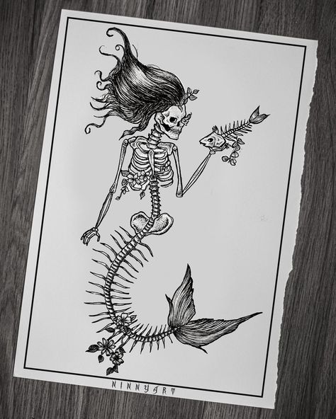 mermaid, mermaid tattoo, mermaid desing, tattoodesign, skeletontattoo, linework, linework tattoo Illustrative Mermaid Tattoo, Mermaid Holding Skull Tattoo, Mermaid Skeleton Drawing, Pinup Skeleton Tattoo, Mermaid Tattoo Black And White, Dead Mermaid Tattoo, Skeleton Fairy Tattoo, Mermaid Skeleton Tattoo, Skeleton Mermaid Tattoo