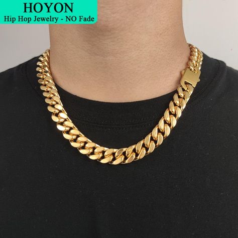 HOYON 18K Gold Coating Hip hop Stainless Steel Cuban Chain Spring Buckle Titanium Steel Bracelet Steel Collar, Stainless Steel Collar, Chain Necklace For Men, Necklaces For Men, Steel Bike, Cuban Link Chain Necklaces, Collar Choker, Choker Collar, Hip Hop Jewelry