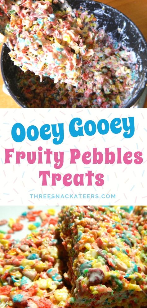 This no bake Fruity Pebbles Rice Crispy Treats recipe is fun and easy to make. Kids love them, they're great for parties and perfect for holiday desserts too. #threesnackateers #fruitypebbles No Bake Classroom Recipes, Fruity Pebbles Rice Crispy Treats Recipe, Fruity Pebbles Rice Crispy Treats, Vegan Rice Crispy Treats, Fruity Pebbles Treats, Chocolate Rice Crispy Treats, Crispy Treats Recipe, Rice Crispy Treats Recipe, Cereal Snacks