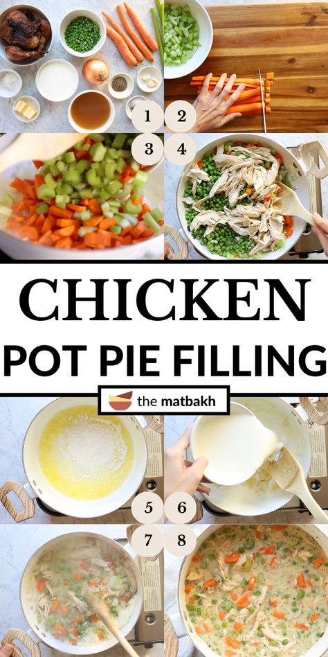 This chicken pot pie filling is chunky and packed with flavor. It's made with shredded rotisserie chicken, fresh vegetables, Italian herbs, and a homemade bechamel sauce. Chicken Pot Pie For Diabetics, Chicken Pot Pie Filling Easy, Best Chicken Pot Pie Filling, Individual Pot Pies Chicken Crescent Rolls, Chicken Pot Pie Sauce Recipe, Chicken Pot Pie With Fresh Vegetables, Chicken Pot Pie With Rotisserie Chicken, What To Serve With Chicken Pot Pie, Chicken Pot Pie With Potatoes