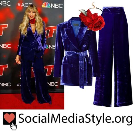 Heidi Klum's blue velvet suit and rose choker from America's Got Talent Blue Velvet Suit, Blazer Pants Set, Crushed Velvet Blazer, Pants Hanger, Rose Choker, Blue Crush, Velvet Suit, Got Talent, Velvet Blazer