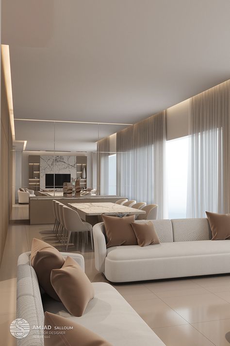 Living With Dinning Room Designs, Dubai Interior Design Living Rooms, Dubai Homes Interior Design, Dubai Home Decor, Latest Living Room Designs Modern, Classy Living Room Luxury, Dinning Room And Living Room Together, Modern Classy Living Room, Dubai Living Room