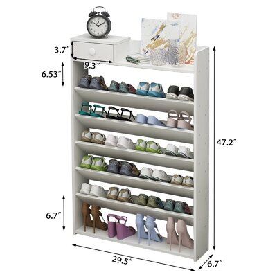 7 Tiers Large Shoe Storage Cabinet Wooden Boot Stand Racks Storage Stand Specifications: Colour:BlackNet weight: 10.5 kg (23.1 pounds)Gross weight: 11.5 kg (25.4 pounds) Materials:MDFProduct size: 75 x 17 x 120 cm (29.5 x 6.7 x 47.2 inch)Package dimensions: 127 x 24.5 x 14.5 cm (50.0 x 9.6 x 5.7 inch)Feature:7 shelves provide perfect home storage for your shoes, which is really needed to be accessible. And this gives you bigger area and option to put your shoes in one tier, helping to classify d Shoe Storage Dimensions, Shoe Rack Dimensions, Large Shoe Storage, Shoe Drawer, Shoe Cubby, Shoe Organizers, Boot Storage, Open Wardrobe, Boot Stand