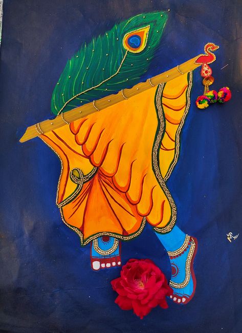 Painting of krishna ji leg and peacock feather with golden pearl embroidery #canvespainting #krishnaji Peacock Feather Canvas Painting, Krishna Foot Painting, Krishna Legs Images, Krishnaji Painting, Krishna Glass Painting Designs, Krishna Fabric Painting On Kurti, Painting Ideas On Canvas Krishna, Krishna Legs Painting, Krishna Ji Rangoli