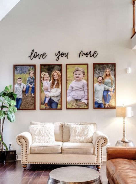 Large Canvas Photo Wall Ideas Living Rooms, Living Room Picture Decor, Family Picture Display Ideas Living Room, Boho Family Picture Wall, Wall Picture Collage Ideas Living Rooms Couch Family Photos, Wall Picture Collage Ideas Living Rooms Display Canvas Photos, Living Room With Family Pictures, Canvas Pictures On Wall Living Room, Living Room Wall Decor Ideas Above Couch Family Photos