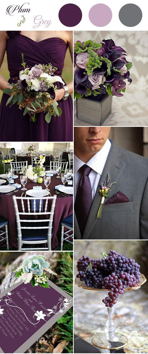 plum,greenery and grey wedding color palette ideas Plum Wedding Colors, Wedding Color Schemes Purple, Plum Purple Wedding, Wedding Color Palette Ideas, Gray Wedding Colors, Purple And Green Wedding, Wedding Color Palettes, Plum Wedding, Color Palette Ideas