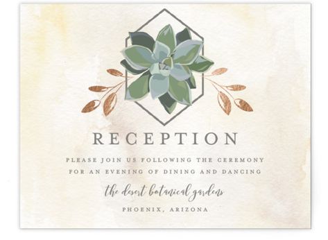 This wedding invitation features an array of succulents and greenery Yellow Reception, Rehearsal Dinner Favors, Gold Reception, Bridal Shower Champagne, Shower Insert, Foil Stamped Wedding Invitations, Shower Inserts, Wedding Address, Card Format