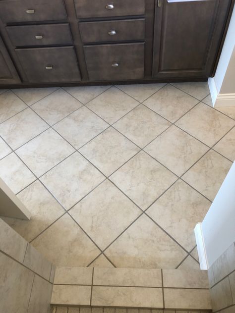 Floor Tile: Arena Fawn, 12x12, Install: Diamond Pattern, Grout: #183 Chateau Diamond Tile Pattern Floor, Diamond Pattern Tile Floor, Tile Layout Patterns, Diamond Tile Pattern, Eclectic Wallpaper, Cape Coast, Tile Layout, Diamond Tile, Living Room Furniture Layout