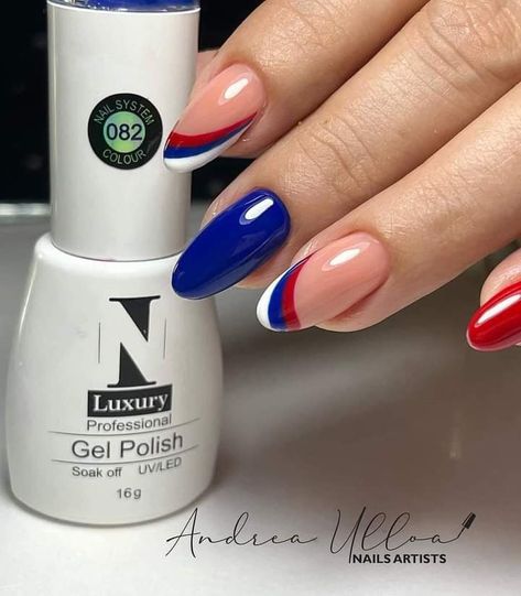 White Red And Blue Nails, Red Blue Nail Designs, Blue White And Red Nails, Red And Blue Almond Nails, Royal Blue And Red Nails, Red Blue And White Nails, America Nails Designs, Red White And Royal Blue Nails, Red And Blue Nail Designs