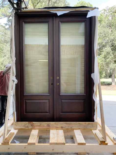 Sharing our new double front doors and why we chose fiberglass front doors with 3/4 glass panels that look like wood. We selected rustic cherry woodgrain from the Architectural Collection by JELD-WEN, which are double glass front doors. Doors that are low maintenance and energy efficient. #coastalhome #frontdoor #doublefrontdoors #fiberglassdoors #glassdoors #glassfrontdoor #modernfrontdoor #moderndoors #customfrontdoors #jeldwendoors #jeldwen Exterior Double Front Doors, Buy Front Door, Fiberglass Front Doors, Devon House, Coastal Oak, Double Front Entry Doors, Glass Front Doors, Double Door Entrance, House Entry