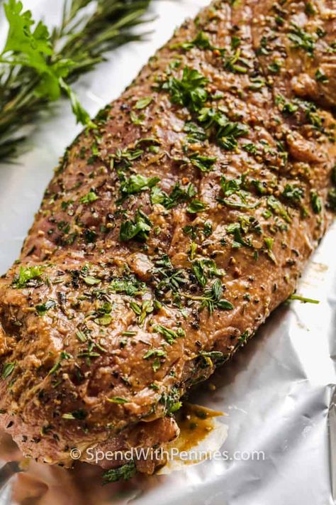 Tasty and tender herb-crusted pork tenderloin is one recipe that every cook will make again and again. There's nothing like pork tenderloin coated with herbs and slow-roasted in the best savory sauce. #spendwithpennies #herbcrustedporktenderloin #entree #recipe #dijon #mustard #horseradish #best #easy #tender Herb Crusted Pork Tenderloin, Pork Loin Recipes Oven, Crusted Pork Tenderloin, Roasted Pork Tenderloin Recipes, Pork Tenderloin Oven, Savory Butternut Squash, Baked Pork Tenderloin, Cooking Pork Tenderloin, Garlic Roasted Broccoli