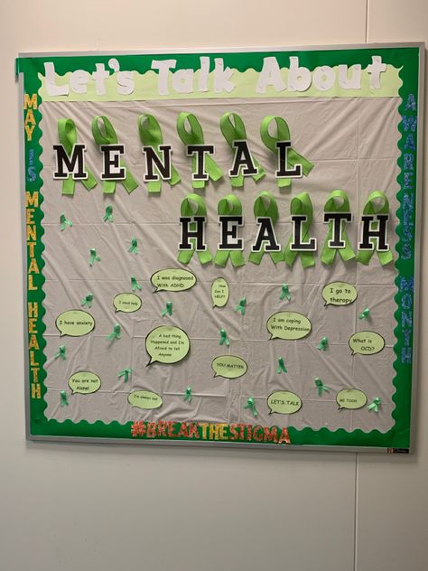 Mental Health Month Elementary School, Mental Awarness Poster Ideas, Bulletin Board Ideas Mental Health, Mental Health Month Bulletin Board Ideas, Mental Health Fair Booth Ideas, Mental Health Event Ideas, May Mental Awareness Month, Health And Wellness Bulletin Boards, Mental Health Bulletin Board Ideas