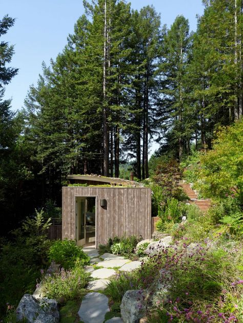 Mill Valley Cabins by Feldman Architecture | HomeDSGN, a daily source for inspiration and fresh ideas on interior design and home decoration... Cottages In The Woods, Green Roof House, Contemporary Garage, Living Roofs, Forest Canopy, Cabin Art, Guest Cabin, Outdoor Sauna, Roof Architecture