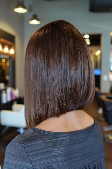 Short Slanted Bob Haircut, Angle Bob Hairstyles, All One Length Bob Medium, Angled Bob With Highlights, Smooth Bob Hairstyles, Medium Length Straight Bob Haircut, Graduated Lob Haircut, Lob Brown Hair With Highlights, Hair Lobs Medium Brunette