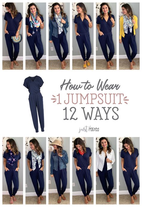 How to wear and style 1 jumpsuit 12 different ways! This jumpsuit is a favorite of mine and it is so easy to dress up or down. I purchased the black last summer and loved it so much that I wanted to get the navy for this year! So comfortable and the perfect item for a capsule wardrobe. How To Wear A Jumpsuit, Black Jumpsuit Outfit, Jumpsuit Outfit Casual, Vinyl Pants, Navy Jumpsuit, Wardrobe Fashion, Mode Tips, Jumpsuit Outfit, Fashion Capsule