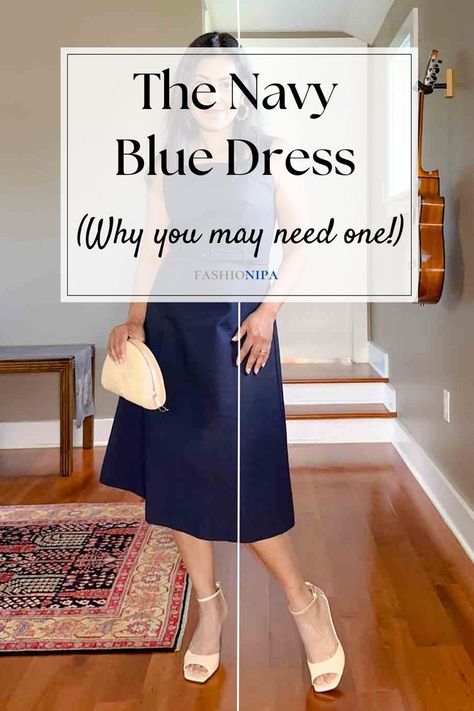 Image of a woman in a navy blue dress, holding a semi-circle shaped handbag and wearing bisque colored sandals.  The text overlay reads"The Navy Blue Dress (Why you may need one!) Navy Blue Midi Dress Outfit, Navy Maxi Dress Outfit, Navy Blue And Cream Outfit, Navy Blue Dress Outfit Casual, Navy Dress Accessories, Navy Blue Dress Accessories, Navy Dress Outfit, Navy Blue Dress Outfit, Sheath Dress Outfit