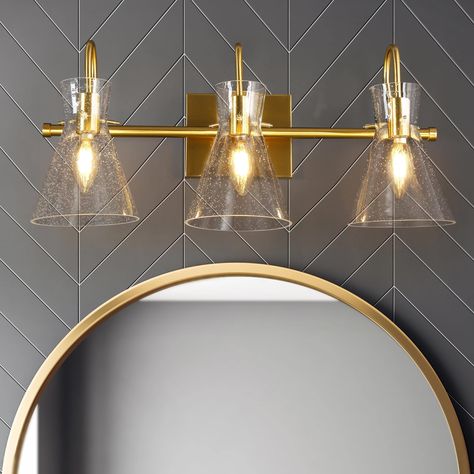 Modern Bathroom Light Fixtures, Brass Vanity Light, Brass Vanity, Modern Vanity Lighting, Modern Bathroom Lighting, Bronze Bathroom, Gorgeous Bathroom, Bathroom Vanity Light, Bathroom Light