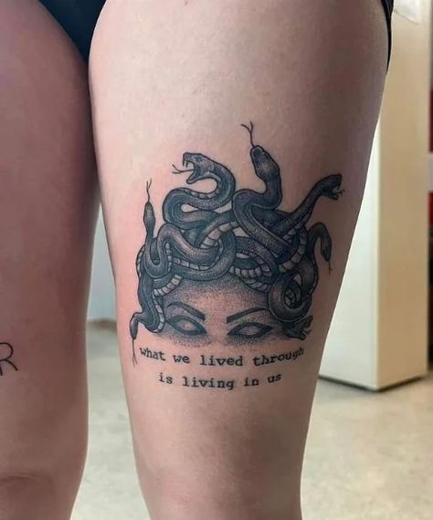 Medusa Tattoo Meaning With 55+ Images That'll Inspire You To Be Strong Medusa Protector Of Women, Medusa Theme Tattoo, Medusa Tattoo With Words, Maleficent Silhouette Tattoo, Medusa Tattoo Above Knee, Medusa Tattoo Inspiration, Medusa Tattoo On Shoulder, Medusa Related Tattoos, Medusa Hip Tattoo Small