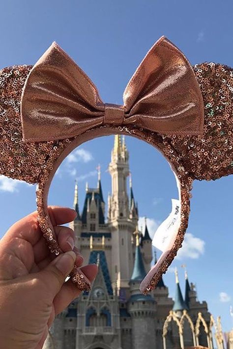 Disney Just Released Official Rose Gold Minnie Ears, and We're Obsessed Disney Ears Rose Gold, Rose Gold Mickey Ears Outfit, Disney World Minnie Ears, Rose Gold Minnie Ears, Disney Ears Headband, Diy Disney Ears, Disney Mouse Ears, Minnie Mouse Headband, Disney Minnie Mouse Ears