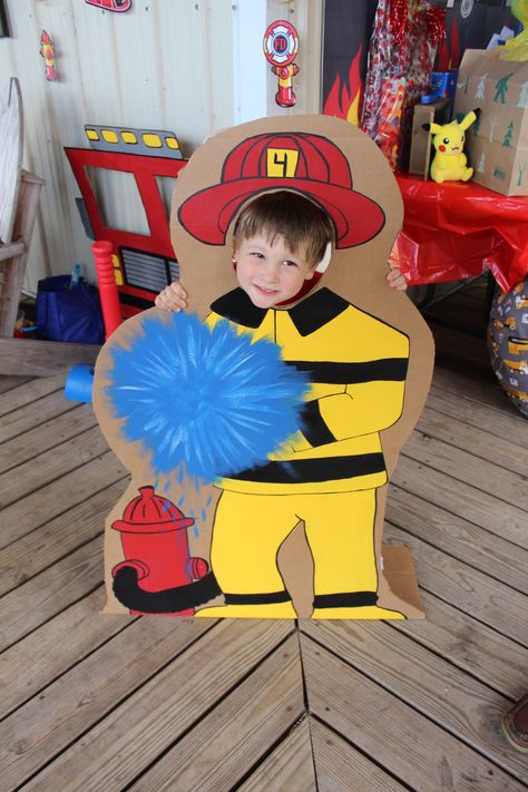 Fire Truck Out Of Cardboard, Fire Fighter Trunk Or Treat Ideas, Fire Decorations Party, Fireman Party Ideas, Trunk Or Treat Fireman Theme, Fire Activities For Toddlers, Firetruck Party Ideas, Fire Truck Birthday Party Ideas, Firefighter Birthday Cakes