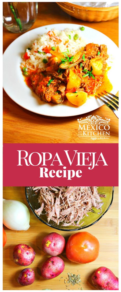 Ropa Vieja (which translates to “old clothes”) is a dish that is popular in Cuba, and many Latin American countries, obviously including Mexico. We have our own versions that change from one region to another #recipe #food #mexican #beef Ropa Vieja Instant Pot Recipe, Ropa Vieja Recipe Cuban, Authentic Ropa Vieja Recipe, Ropa Vieja Recipe Slow Cooker, Authentic Mexican Chicken Recipes, Chicken Ropa Vieja Slow Cooker, Ropa Vieja Recipe, South American Dishes, Hispanic Recipes