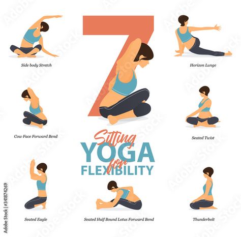 Download Infographic of 7 Sitting Yoga poses for Easy yoga at home in concept of flexibility in flat design. Beauty woman is doing exercise for body stretching. Set of yoga at home infographic . Yoga Vector Stock Vector and explore similar vectors at Adobe Stock. Sitting Yoga, Sitting Yoga Poses, Asana Yoga Poses, Yoga Vector, Fitness Infographic, Twist Yoga, Body Stretching, Basic Yoga Poses, Online Yoga Classes