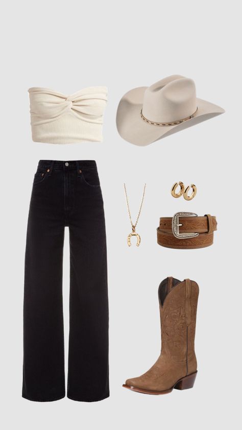 West Texas Outfits, Minimal Western Outfit, Country Outfits Brown Boots, Black Stagecoach Outfit, Black Denim Cowgirl Outfit, Nashville Outfits Brown Boots, Western Outfits Women Professional, Country Cowgirl Aesthetic, Cowgirl Dressy Outfits