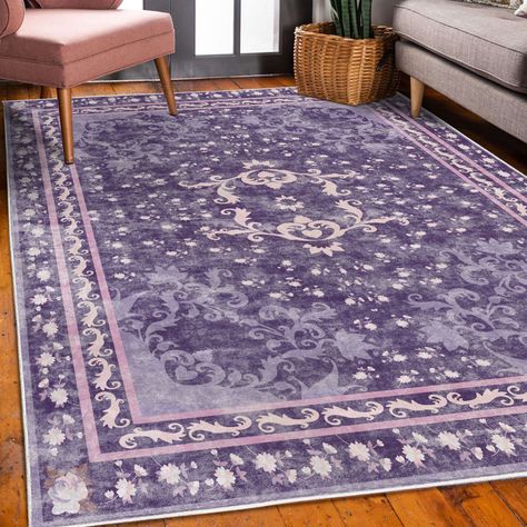 Charlton Home® Braxdon Damask High Density Long Fiber Poly Threads Decorative Area Rug Carpet | Wayfair Bridgerton House, Purple Rugs, Floral Motives, Lavender Room, Bedroom Purple, Carpet For Bedroom, Purple Carpet, Comfortable Space, Bedroom Idea