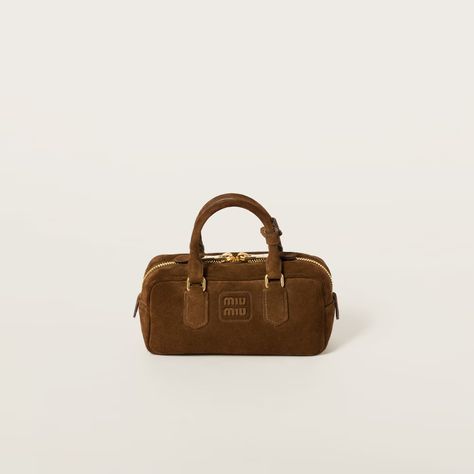 Cocoa Brown Arcadie Padded Suede Top-handle Bag | Miu Miu Miu Miu Brown Bag, Miu Miu Wallet, Miu Miu Handbags, Metal Lettering, Suede Top, Miu Miu Bag, Suede Tops, Cocoa Brown, Lettering Logo