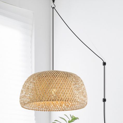 This midcentury-inspired rattan pendant light is perfect for modern or resort homes. The 18" wide woven rattan shade is has a retro diamond weave. The natural rattan helps diffuse a single bright LED light bulb; plug in or hardwire for instant chic in the kitchen, dining room, bedroom, or office. Hanging Lanterns Bedroom, Plug In Pendant Light Bedroom, Hanging Bedroom Lights, Hanging Lamps Bedroom, Hanging Lamps Living Room, Swag Pendant Light, Farmhouse Coastal, Plug In Pendant Light, Bedroom Pendant