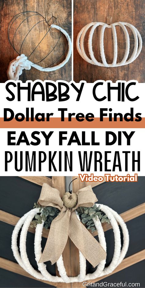 Learn how to make a stunning shabby chic inspired Fall Dollar Tree Wreath diy with a pumpkin wire wreath form. Keep reading, below you’ll see our video tutorial and learn all the steps you need to create a stunning shabby chic Dollar Tree pumpkin wreath diy for your front door this Fall. Diy Pumpkin Wreath Dollar Tree, Dollar Tree Pumpkin Wreath Form Ideas, Wire Pumpkin Wreath Diy, Dollar Tree Wreath Diy, Tree Wreath Diy, Diy For Fall, Dollar Tree Pumpkin Wreath, Dollar Tree Wreath, Pumpkin Wreath Diy