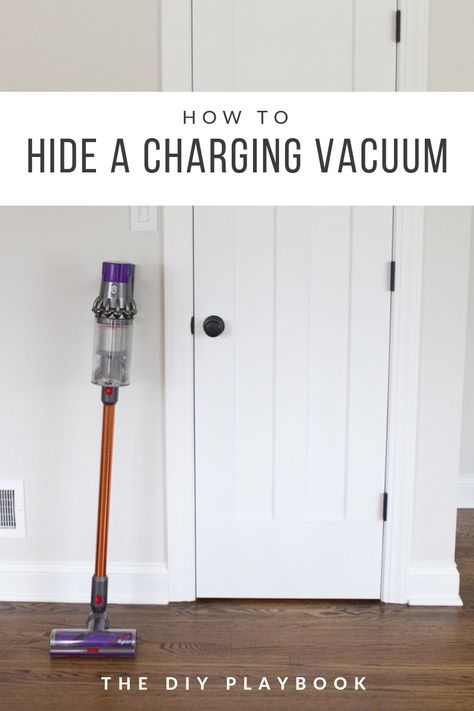 how to hide a vacuum in a closet. dyson vacuum hidden in a closet. Here's how to hide your charging vacuum in your closet so it's out of sight! #dyson #vacuum #cleaning Storage For Vacuum Cleaner, Vacuum Charging Station Ideas, Storing Dyson Vacuum, Storage Ideas For Vacuum Cleaners, Where To Put Vacuum Cleaner, Mop And Vacuum Storage, Hiding Dyson Vacuum, Dyson Vacuum Organizer, Vacuum Cleaner Closet Storage