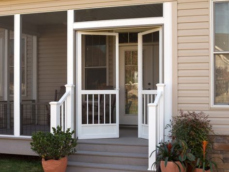 Out-swing & In-swing Aluminum Screen Doors Double Screen Door, Double Screen Doors On Porch, Screened In Porch Doors, Front Porch Screened In Ideas, Screen In Front Porch, Screened In Front Porch Ideas, Screened In Front Porch, Screened Porch Doors, Double Screen Doors