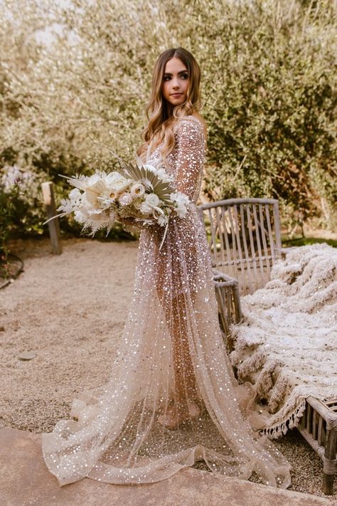 Wedding Dress Glitter Sparkly, Long Sleeve Glitter Wedding Dress, Glitter Long Sleeve Wedding Dress, New Years Eve Wedding Dress, Farm Wedding Dress, Glitter Bouquet, Wedding Dress Glitter, Backless Bridal Dresses, Sequin Wedding Dress