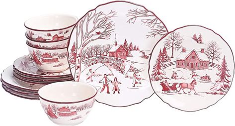 Amazon.com | Bico Toile de Jouy Winter Wonderland Ceramics 12pcs Dinnerware Set, Service for 4, Inclusive of 11 inch Dinner Plates, 8.75 inch Salad Plates and 25oz Bowls, for Party, Microwave & Dishwasher Safe: Dinnerware Sets Spode Woodland, Italian Dinnerware, Dinnerware Storage, Ceramic Dinnerware Set, Christmas Dinnerware, Christmas Material, Kitchen Dinnerware, Christmas Dishes, Ceramic Dinnerware